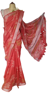 Linen Hand Block Printed Saree SILK ZONE